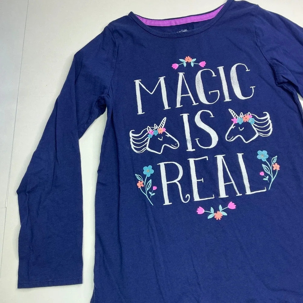OshKosh Blue Magic Is Real Dress Kids Size 12 Unicorn Ruffle Long Sleeve Cotton
